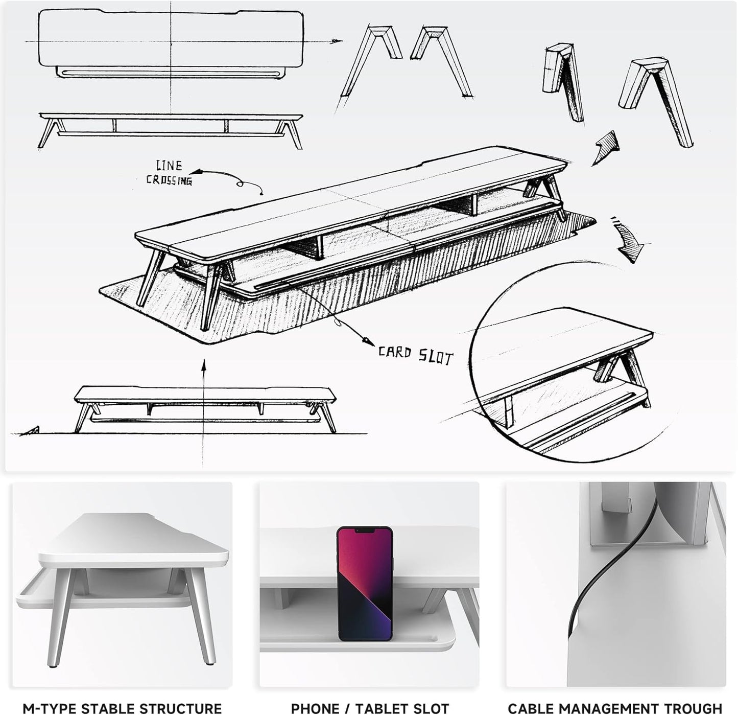 Fenge Dual Monitor Stand, Monitor Stands Riser for 2 monitors, 42.5 Inch Wood Desk Shelf with Storage Organizer and Cable Management for Office Desk Accessories
