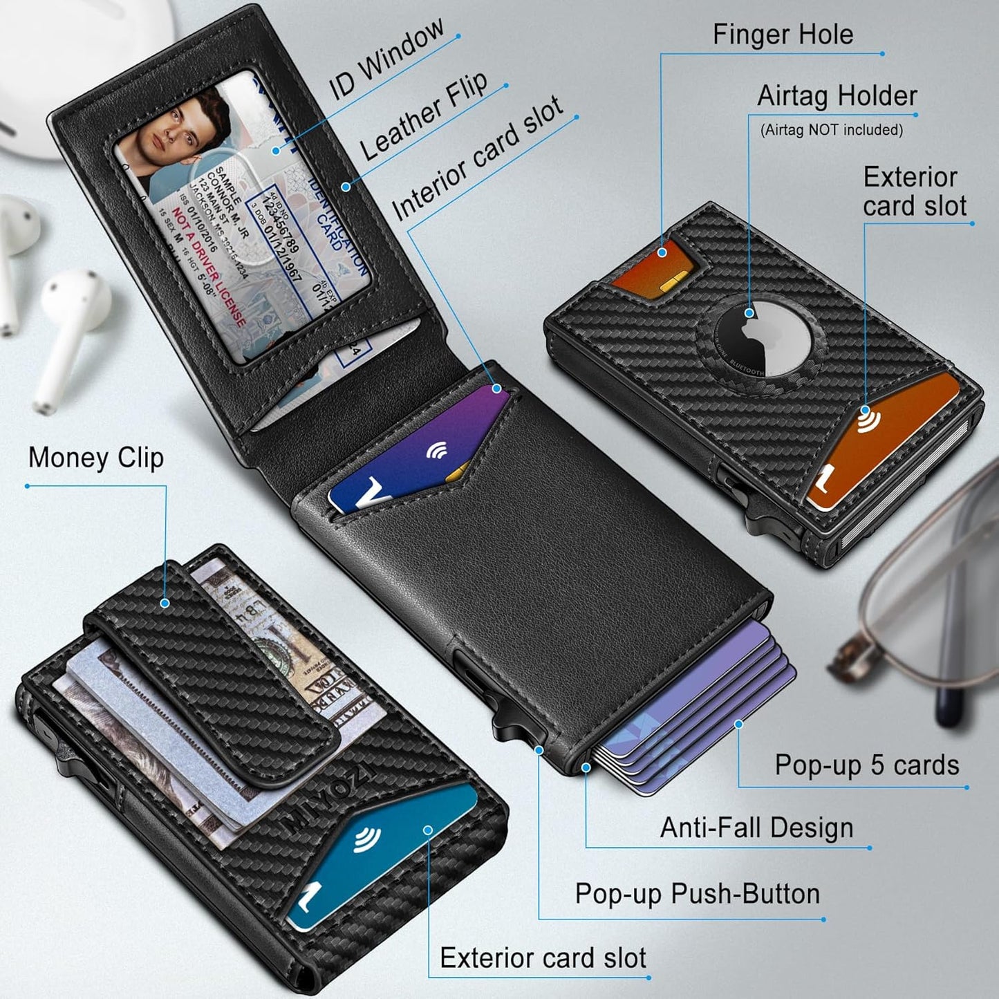 Airtag Wallet for Men,with Money Clip Gift Boxed,Slim Front Pocket Wallet RFID Blocking Metal Case Smart Pop-up Credit Card Holder in Magnetic Leather Flip