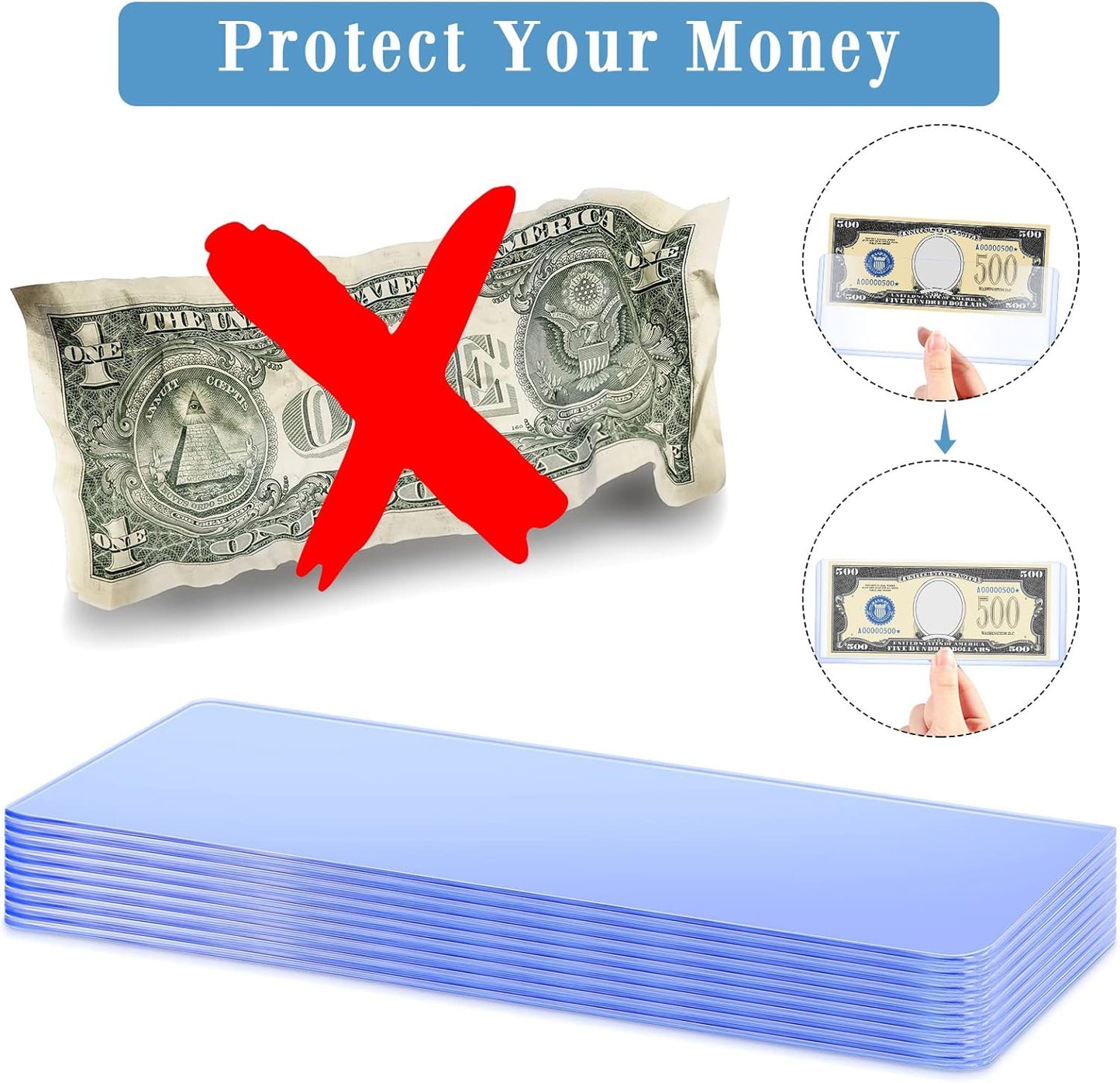 Sepamoon 10 Pieces Dollar Bill Sleeves, 6.9 x 2.95 Inch Hard Plastic Clear Currency Sleeves Waterproof Currency Holder Dollar Bills Display Protector Organizer Case Supplies for Collectors