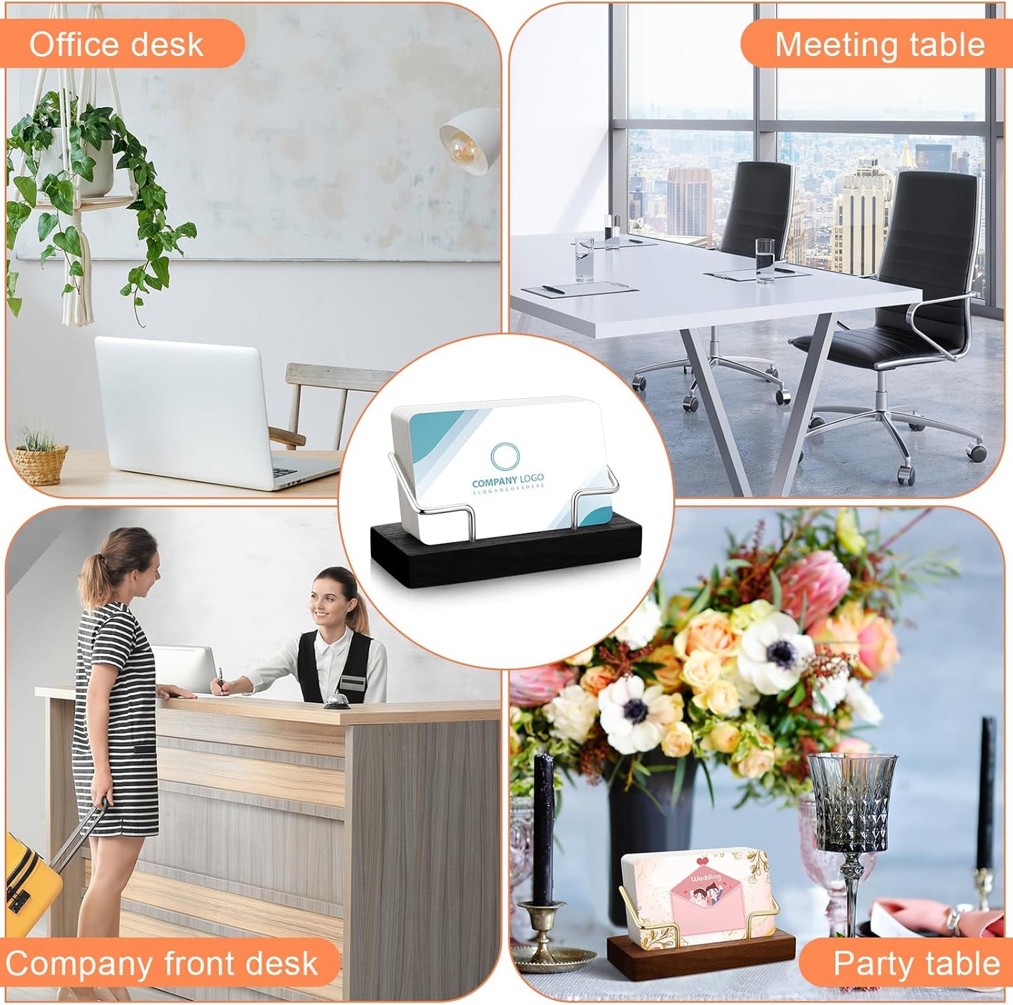 Amyhill 2 Pieces Wood Business Card Holder for Desk Wooden Business Card Display Stand Postcard Holder for Office Home Desktop (Black, Silver)