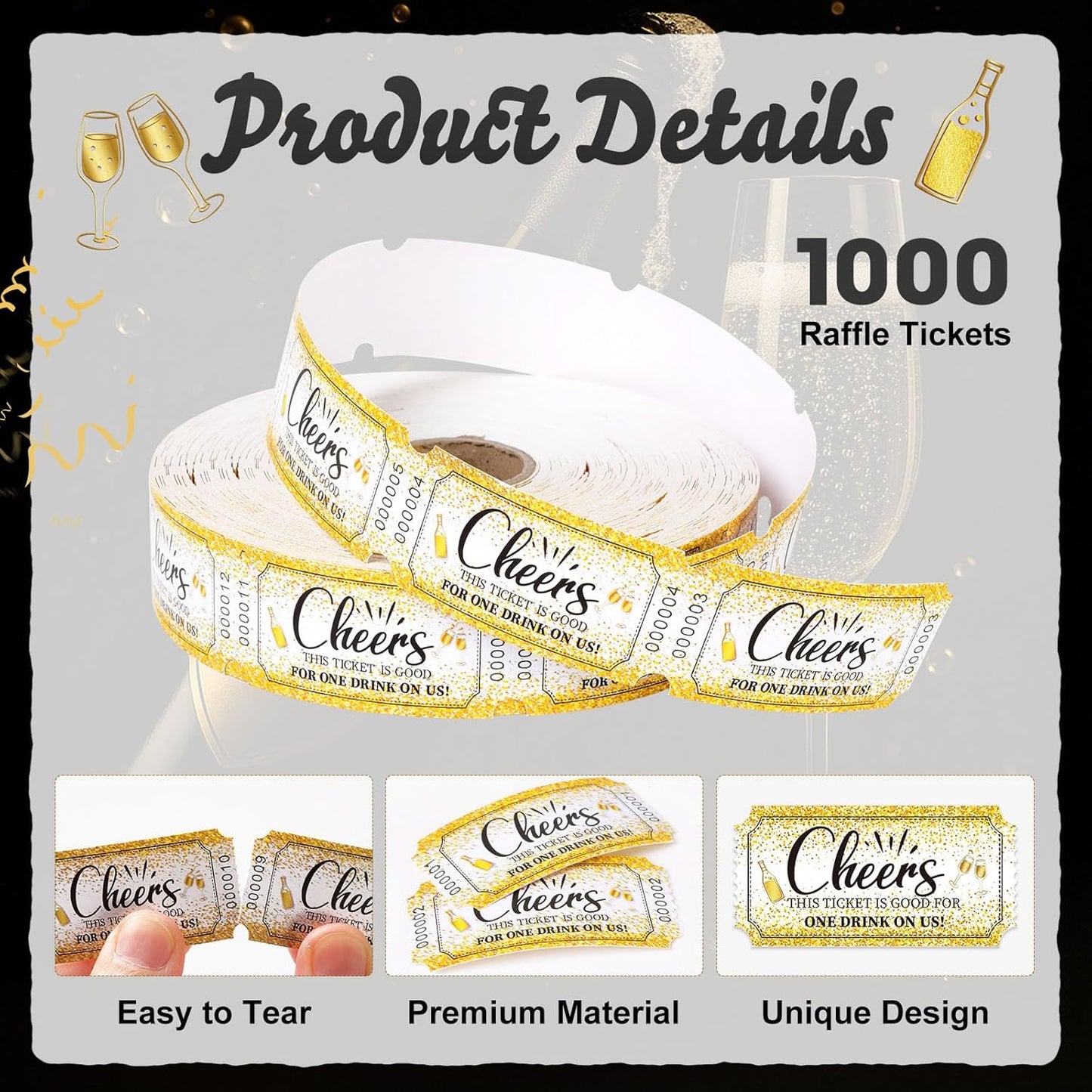 1000 Pcs Drink Ticket Single Raffle Tickets Roll Golden Sequins Cocktail Design Cheers Free Drink Ticket for Events Wedding Work Formal Parties Leisure Class Reward