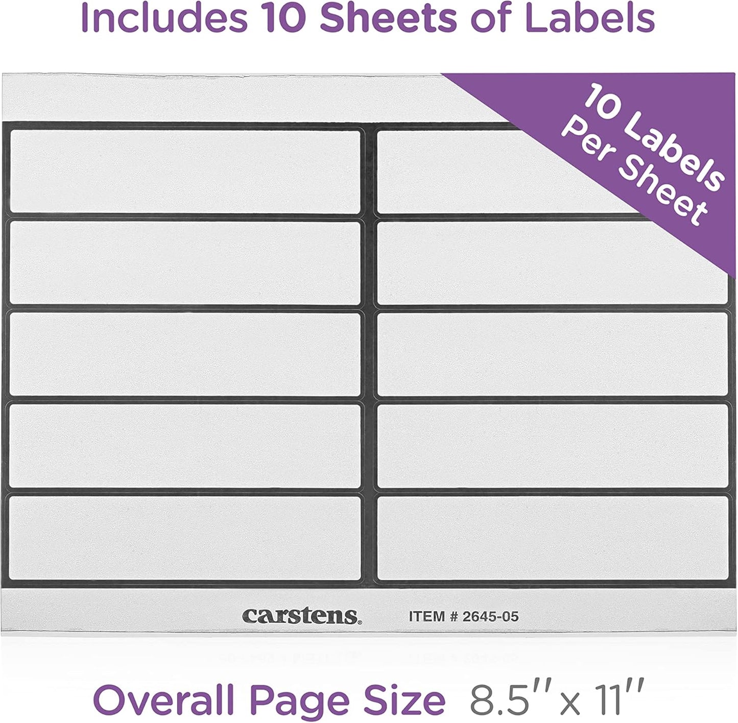 Carstens Adhesive Binder Labels, 5 3/8” x 1 3/8”, Stickers for 1.5” – 4” Ring Binder Spines, Inkjet and Laser Printer Compatible, White, 20 Sheets, 10 Labels Per Sheet