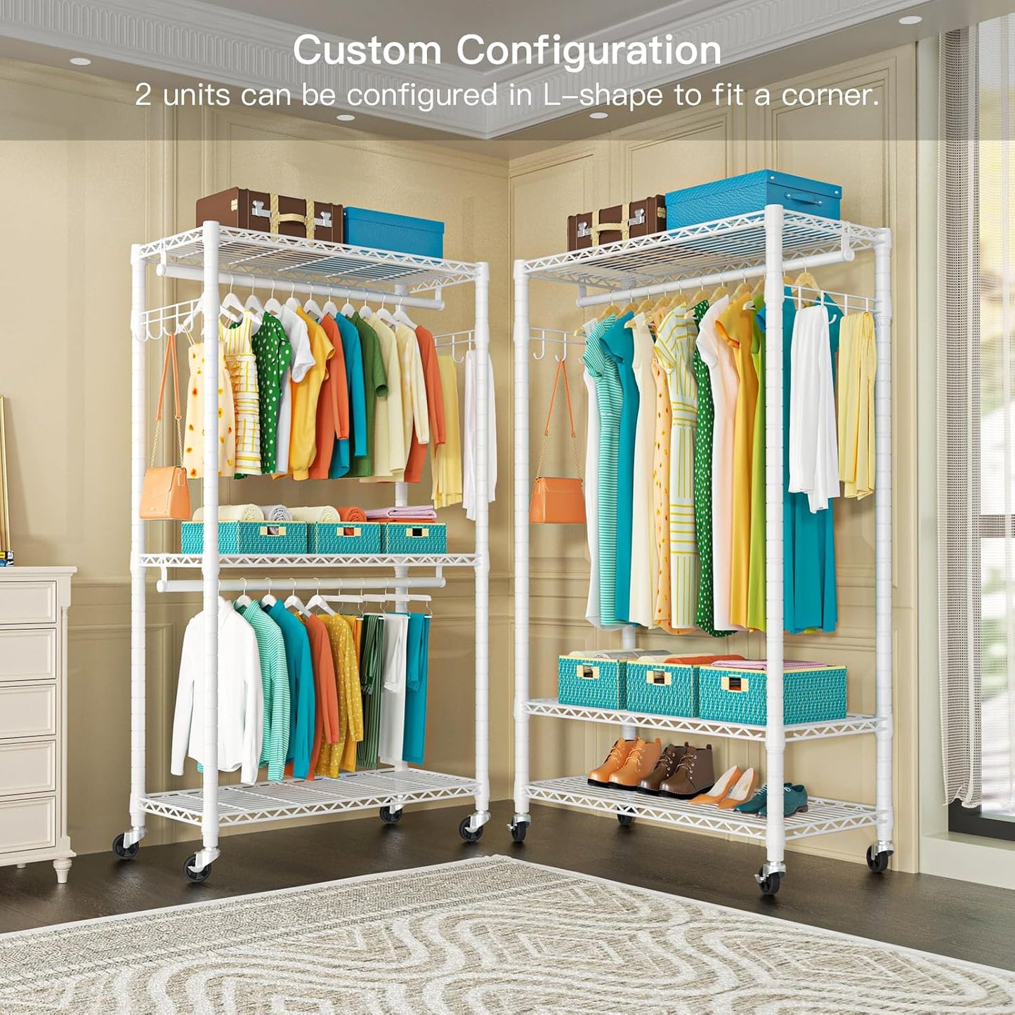 P1 Heavy Duty Garment Rack, 3 Tiers Adjustable Rolling Metal Closet Organizer with Lockable Wheels, FreeStanding Wardrobe with Double Hanger Rods & 1 Pair Hooks, Max Load 450 LBS, White