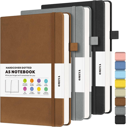 Bullet Dotted Journal Notebook 3 Pack, A5 Dotted Journal with 120gsm Paper, Leather Dotted Notebook, Hardcover Dot Grid Notebook Each with 156 Nmubered Pages, Dot Journal for Women, Men 5.75" × 8.38"
