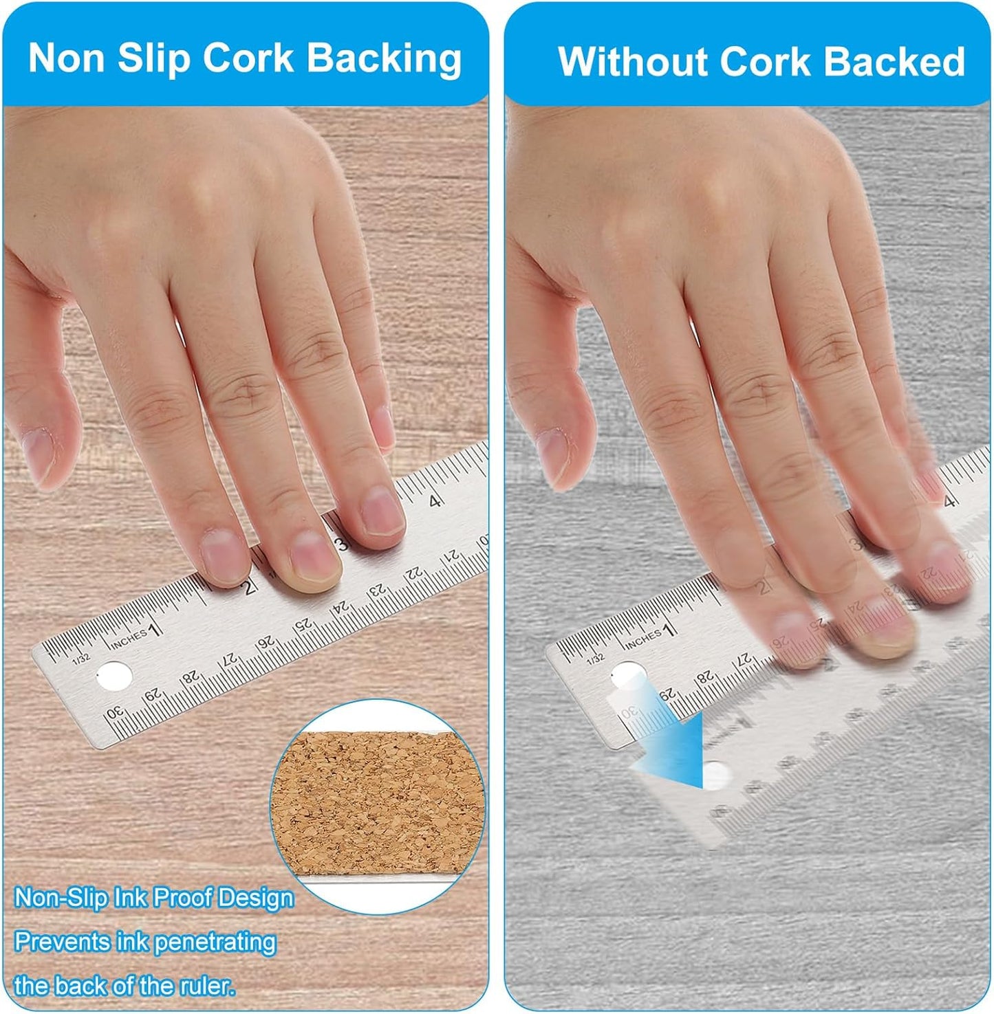 PATIKIL 16 Inch Stainless Steel Ruler Straight Edge Ruler, 2 Pcs Cork Backing Non-Slip Metal Ruler with Inches Centimeter Metric Measuring Tools for Office