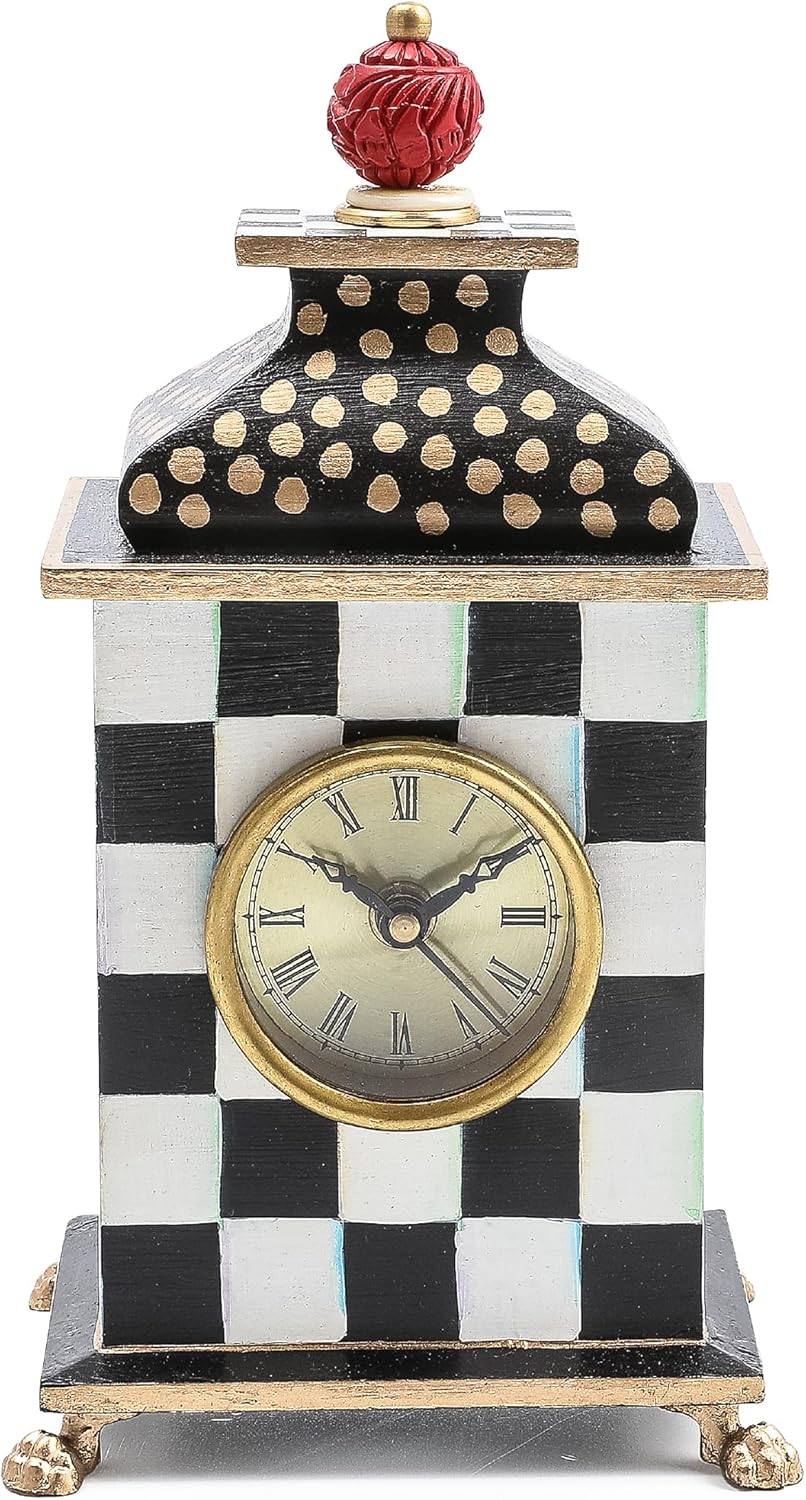 MACKENZIE-CHILDS Desk Clock, Decorative Wood Clock for Kitchen and Living Room, Black-and-White Courtly Check