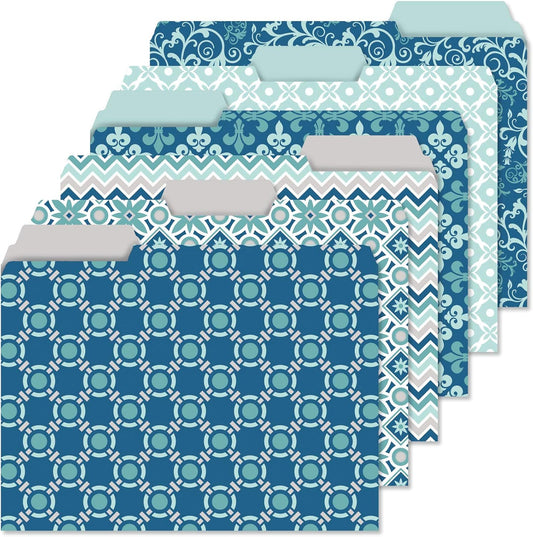 Current Coastal Blues File Folders Value Pack - Bulk Set of 24, 6 Pretty Decorative Designs, 1/3 Cut Tabs, Heavy-Duty Paper Stock, Office Supplies for Home & Work, 9-½” x 11-¾” Letter Size