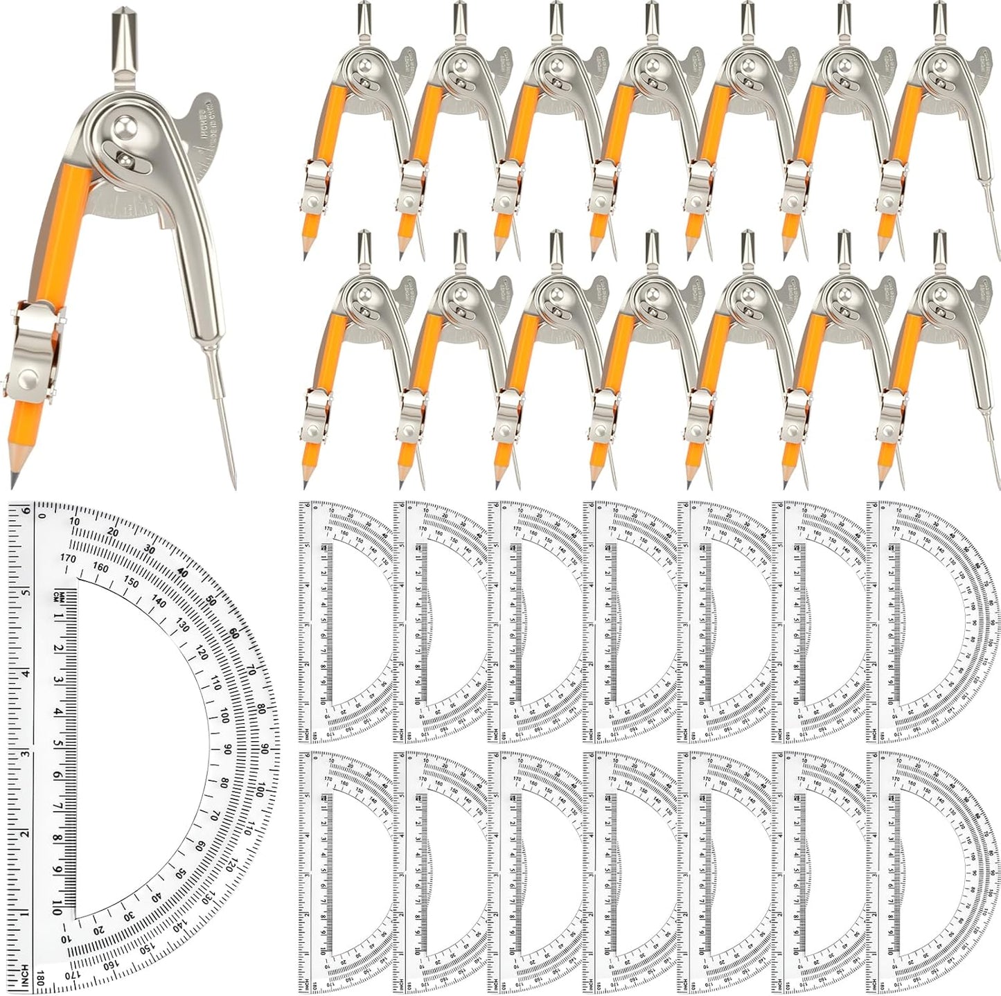 30 Pack Geometry Tool Set, Math Compass for Geometry and 6 Inch Protractor Set Include Metal Compass with Pencil and Clear Plastic Protractor for Student Classroom Office Woodworking Art Drawing