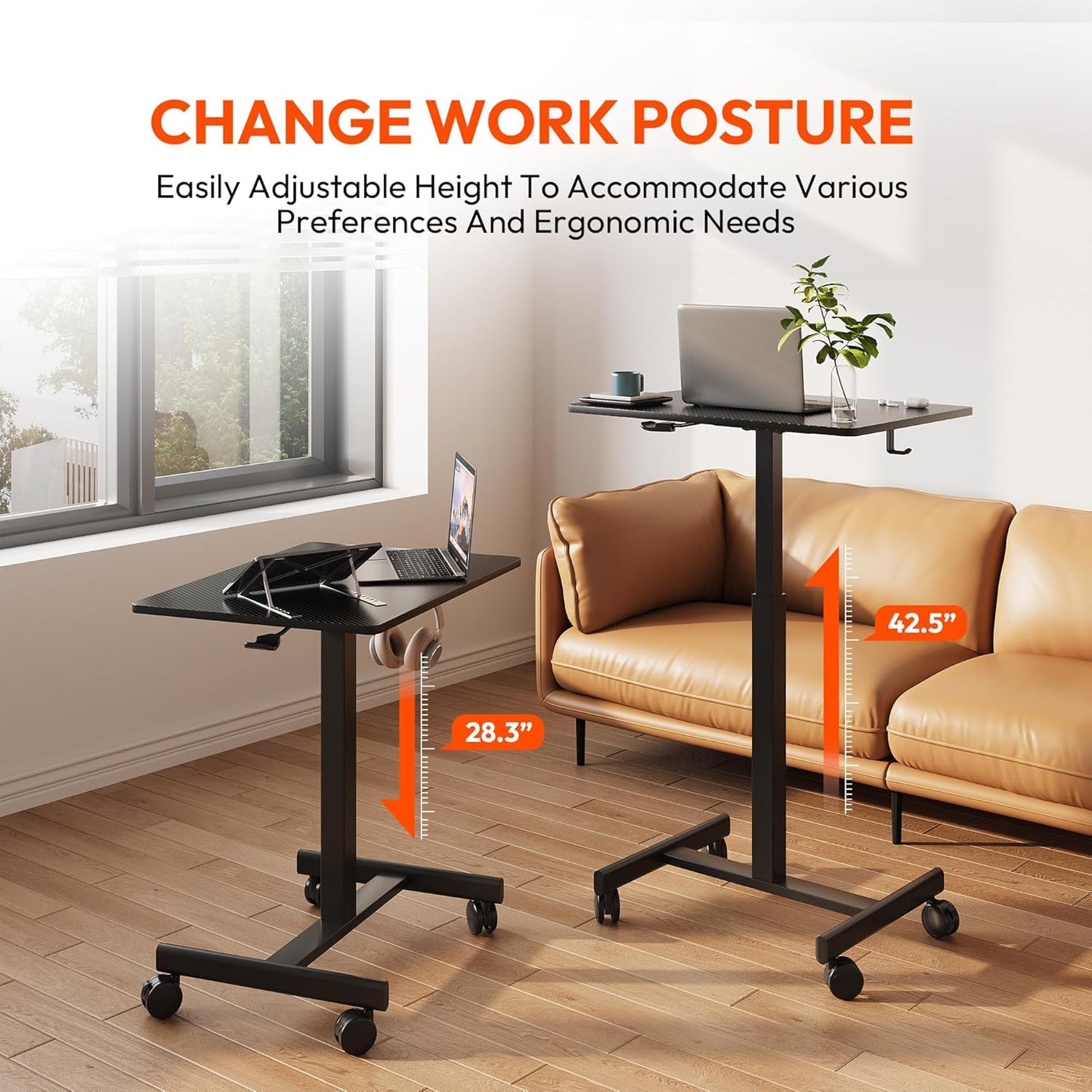 Mobile Small Standing Desk, Gas Spring Adjustable Height Rolling Portable Laptop Desk with Lockable Wheels/Laptop Stand/Hook Rolling Podium (Carbon Fiber Top + Black Frame, 18''×26'')