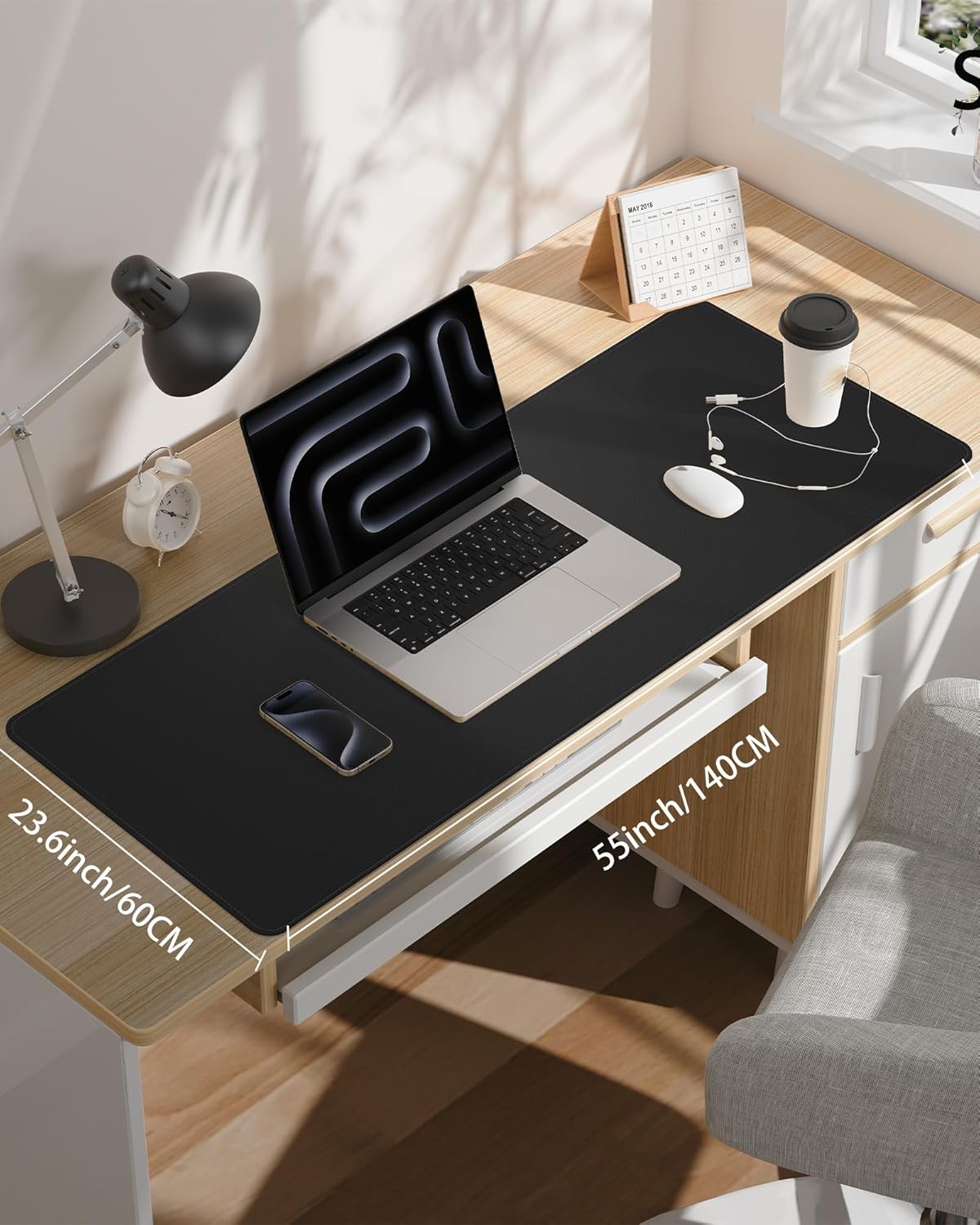 Extra Large Desk Pad Mat - Waterproof Mouse Pad & Desk Protector, Non-Slip XXL PU Leather Gaming Mat for Keyboard/Mouse, Stitched Edge with Ergonomic Support, 55"x24" (Black)