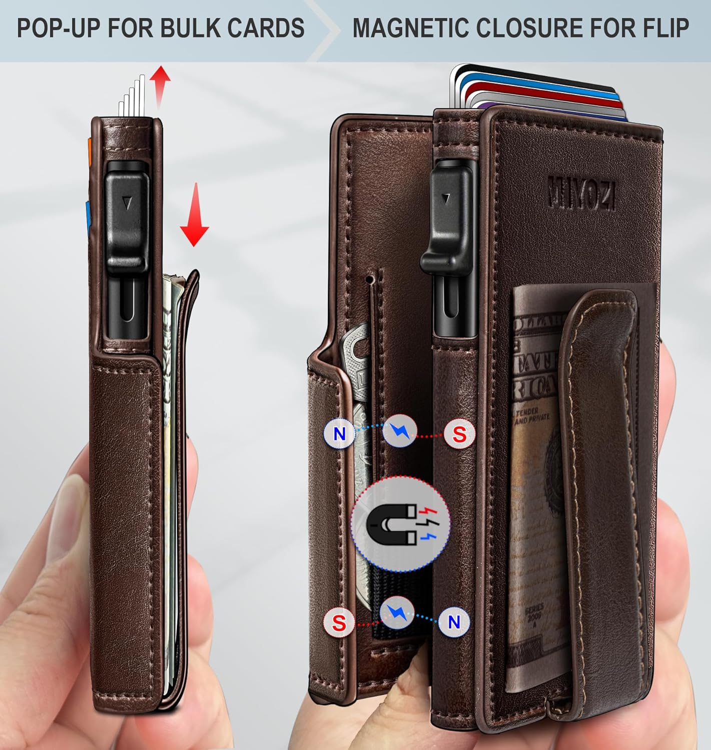 Wallet for Men with Money Clip Coins Pocket ID Window Gift Boxed,Slim Smart Front Pocket RFID Blocking Wallet Pop-up Card Holder in Magnetic Leather Flip 3.9"x 2.7"