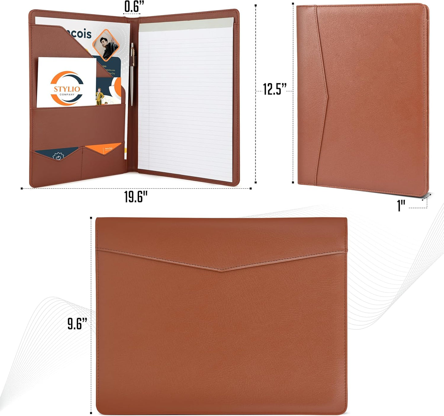 STYLIO Padfolio Portfolio Organizer Binder (Tan Color) | Interview Resume Folder, Document, Business Card Holder |w/Letter-Sized Notepad | Handsome Brown Faux Leather Folio Matte Finish