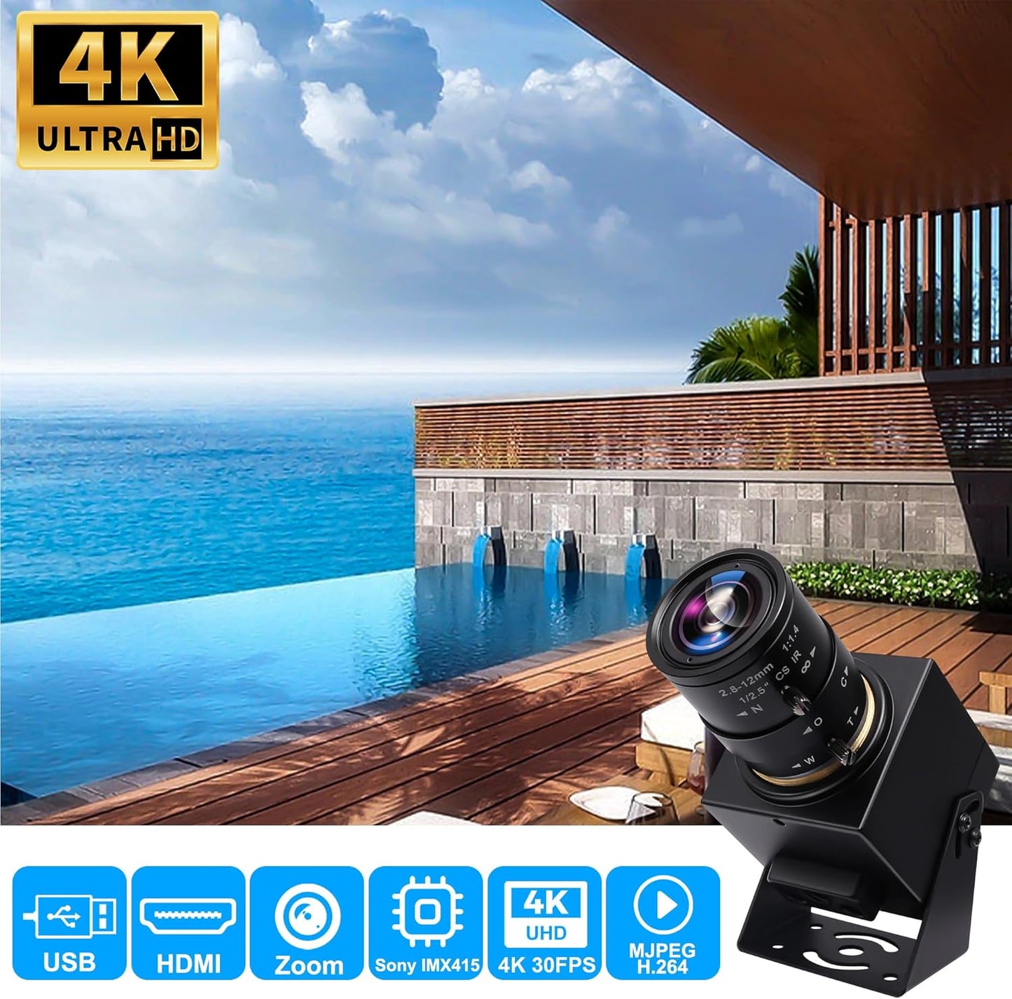 SVPRO 4K Webcam - HDMI/USB Dual Interface, Manual Zoom, 2.8-12mm CS Mount Lens for Close-up, CMOS IMX415 Industrial Camera for Machine Vision