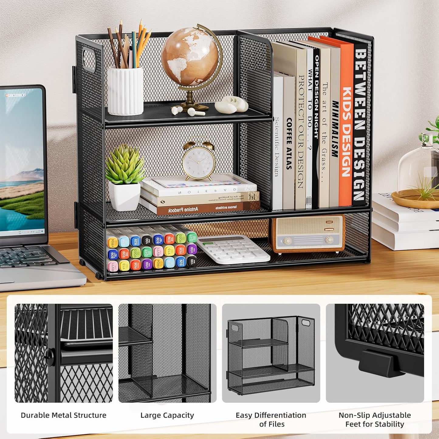 Marbrasse 3-Tier Desk Shelf Organizer with Handle, Desktop Bookshelf File Holder, Mesh Display Shelf Organizer Storage Rack for Office, Home, Supplies, Kitchen (Black)