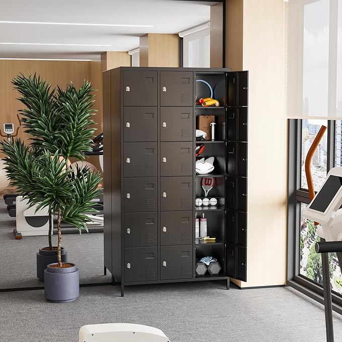 Metal Lockers for Employees with 18 Doors, Metal Locker with Lock for School Garage Office Gym Home,Assembly Required,Black