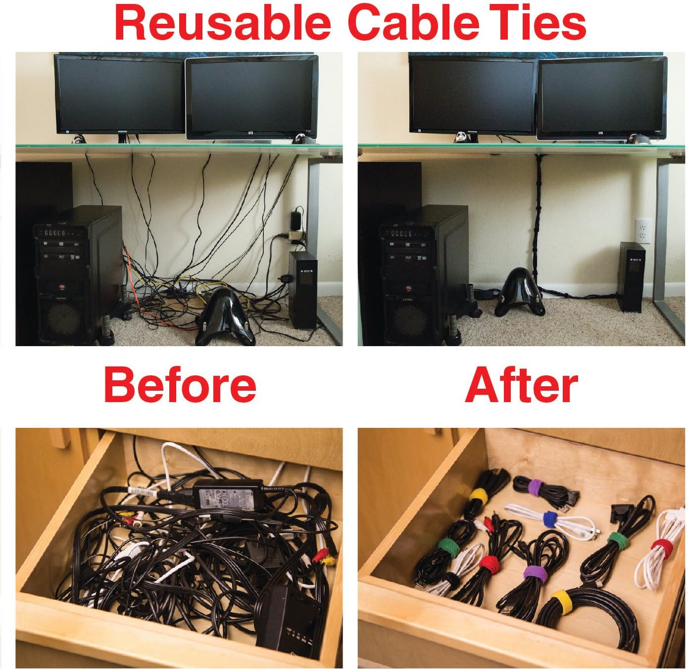 ENVISIONED Desktop Cable Organizer, Weighted, No Bad Smell, Bundled with 2 Reusable Cable Ties (White)