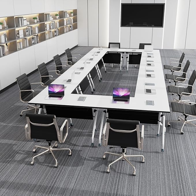 Conference Table, Folding Conference Room Tables, Mobile Training Tables with Silent Wheels, Large Rectangular Modular Seminar Table Office Computer Desks for Classroom White (4Pack L70.9in)