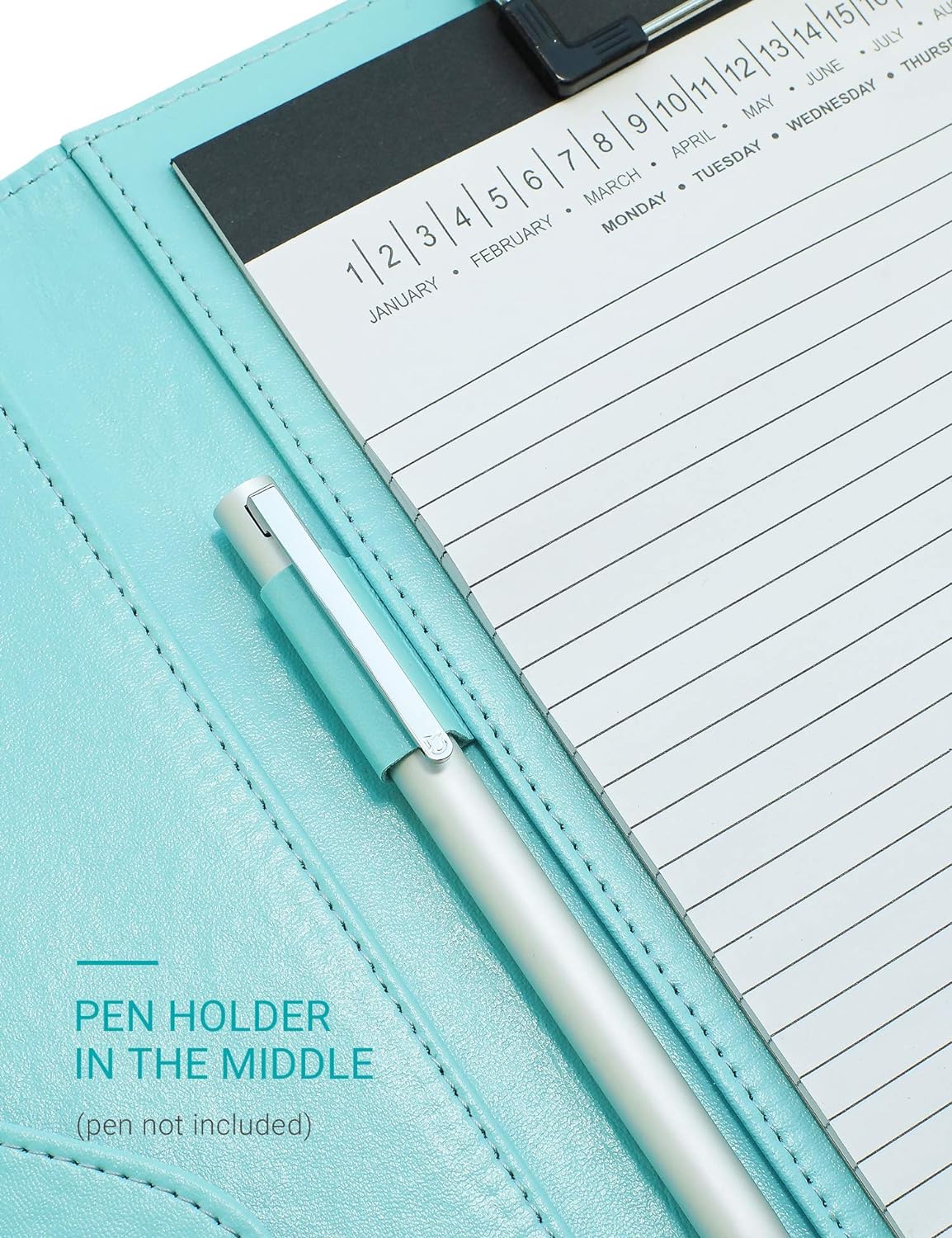 Clipboard Folder Padfolio, Writing Portfolio Faux Leather Clipboards with Cover for Legal Pad Holder Letter Size A4 8.5 x 11 for Business Conference Notepad Clip Boards (Pale Turquoise)