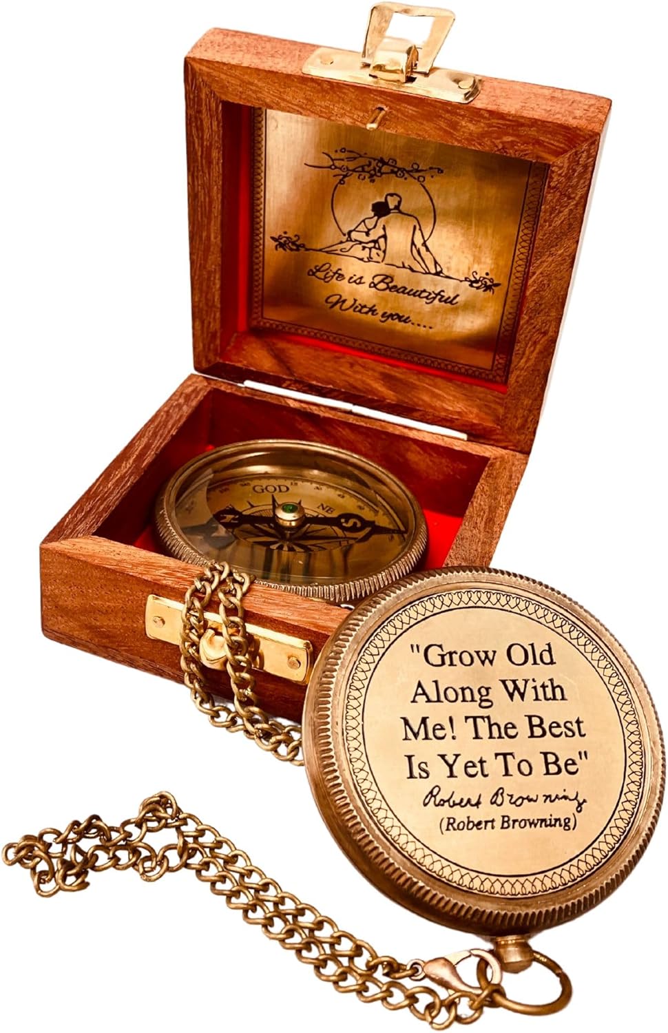 Gift for Husband Wife - Brass Compass 2" | Engraved Quote Birthday Wedding Anniversary Christmas Romantic Love Gifts idea for Boyfriend Girlfriend Men Women Him Her (Grow Old Along with Me)