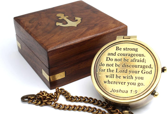 Be Strong and Courageous Compass – Antique Nautical Magnetic Compass with Engraved Scripture Quote – Baptism Gift with Wooden Box for Son, Father, Husband, Loved One
