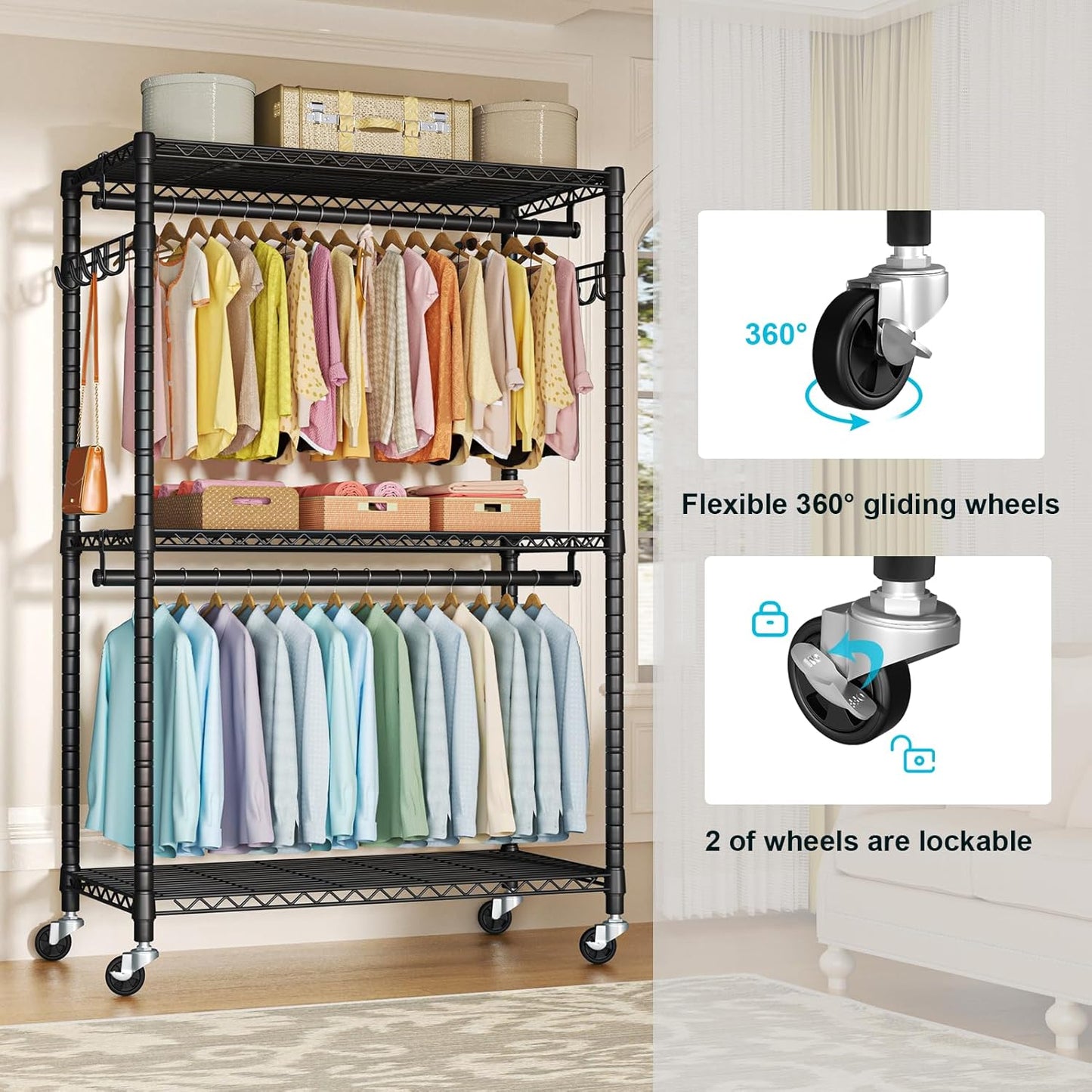 P1 Plus Rolling Clothes Rack, 22mm Diameter Heavy Duty Garment Rack with Wheels, Portable Closet Wardrobe with Double Rods, 45" W x 17.7" D x 80.5" H, Max Load 524 LBS, Black