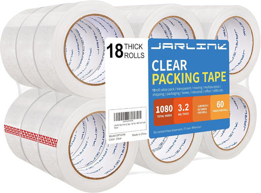 JARLINK Clear Packing Tape (18 Rolls), Heavy Duty Packaging Tape for Shipping Packaging Moving Sealing, 3.2mil Thick, 1.88 inches Wide, 60 Yards Per Roll, 1080 Total Yards