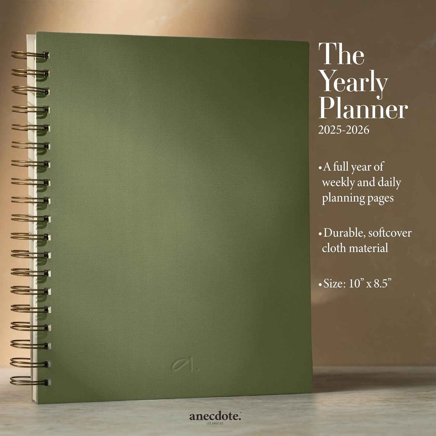 Anecdote Planner 2025 (8.5" x 10") Daily Planner Weekly Monthly Planner - 52 Weeks w/Library Buckram Cover, Brass Spiral - A4 Size Bleed-Resistant Paper – Olive Green