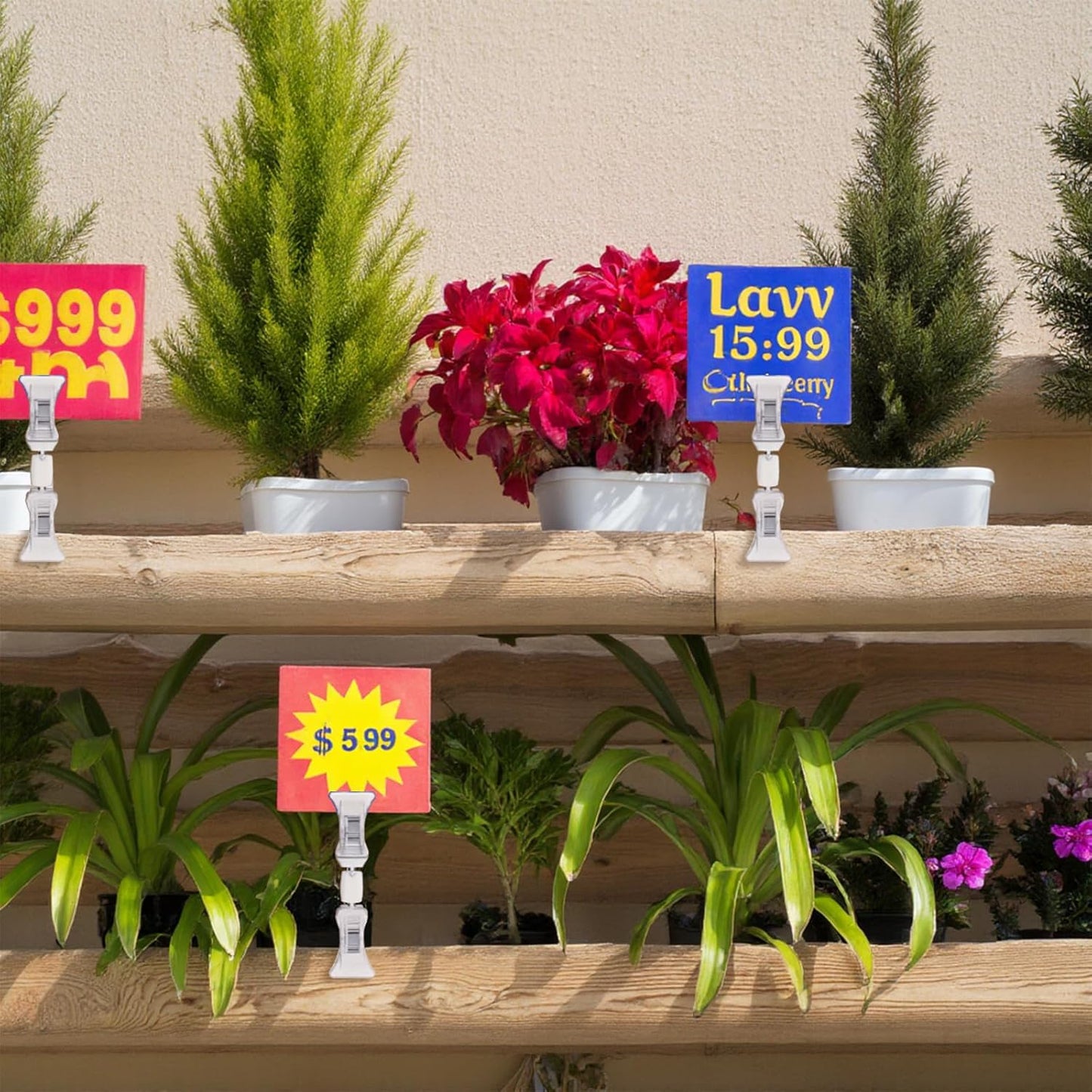 100 Pcs Double Sided Sign Clips - Rotatable Mini Clip Clear Plastic Sign Holder Stand for Label Clothing Business Cards Retail