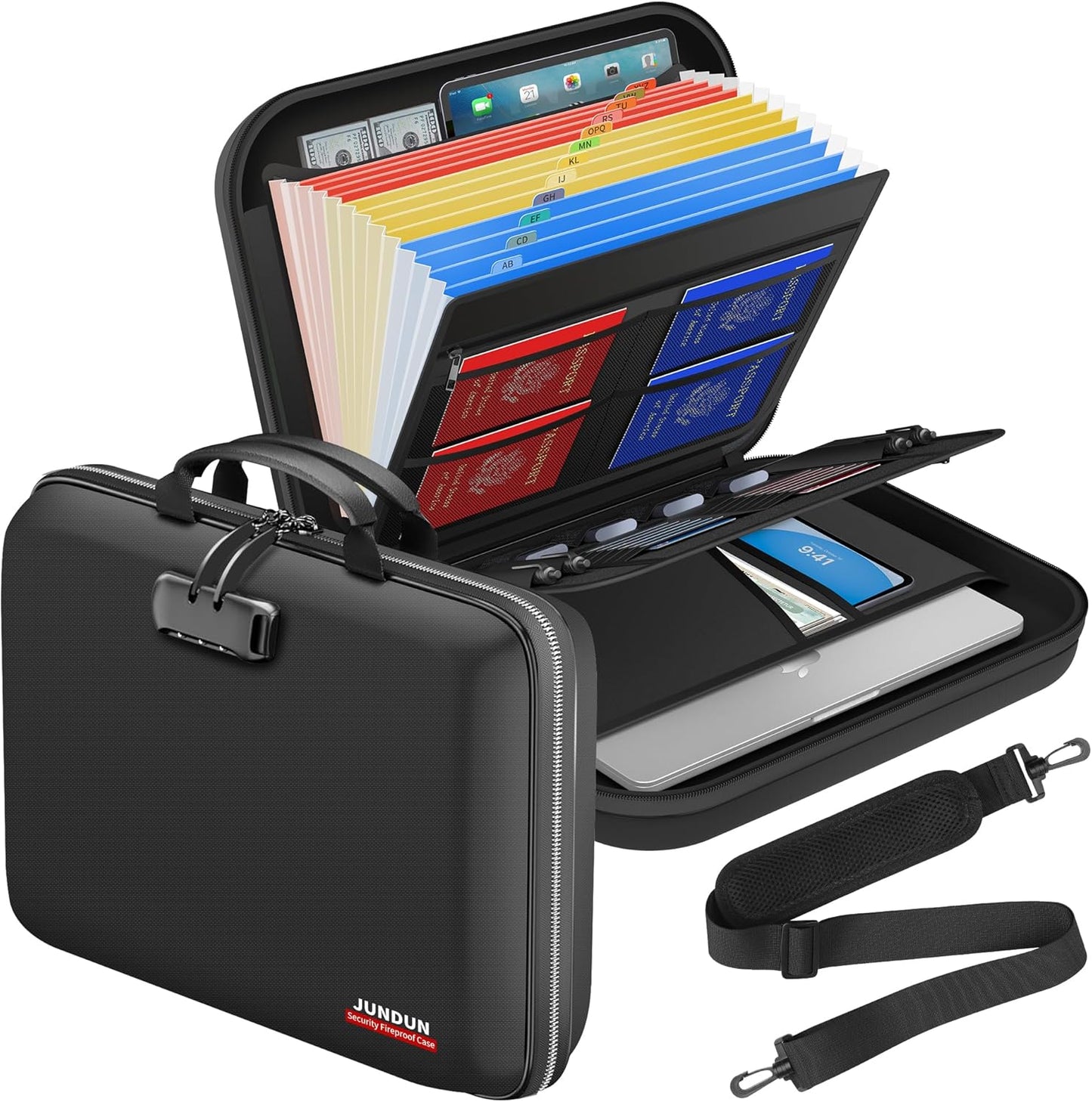 JUNDUN Fireproof Document Box with Lock & Shoulder Strap,Hard Shell Case Document Organizer with 13 Pockets Accordion File Organizer,Portable Home Office Travel Safe Storage for Files Laptop and More