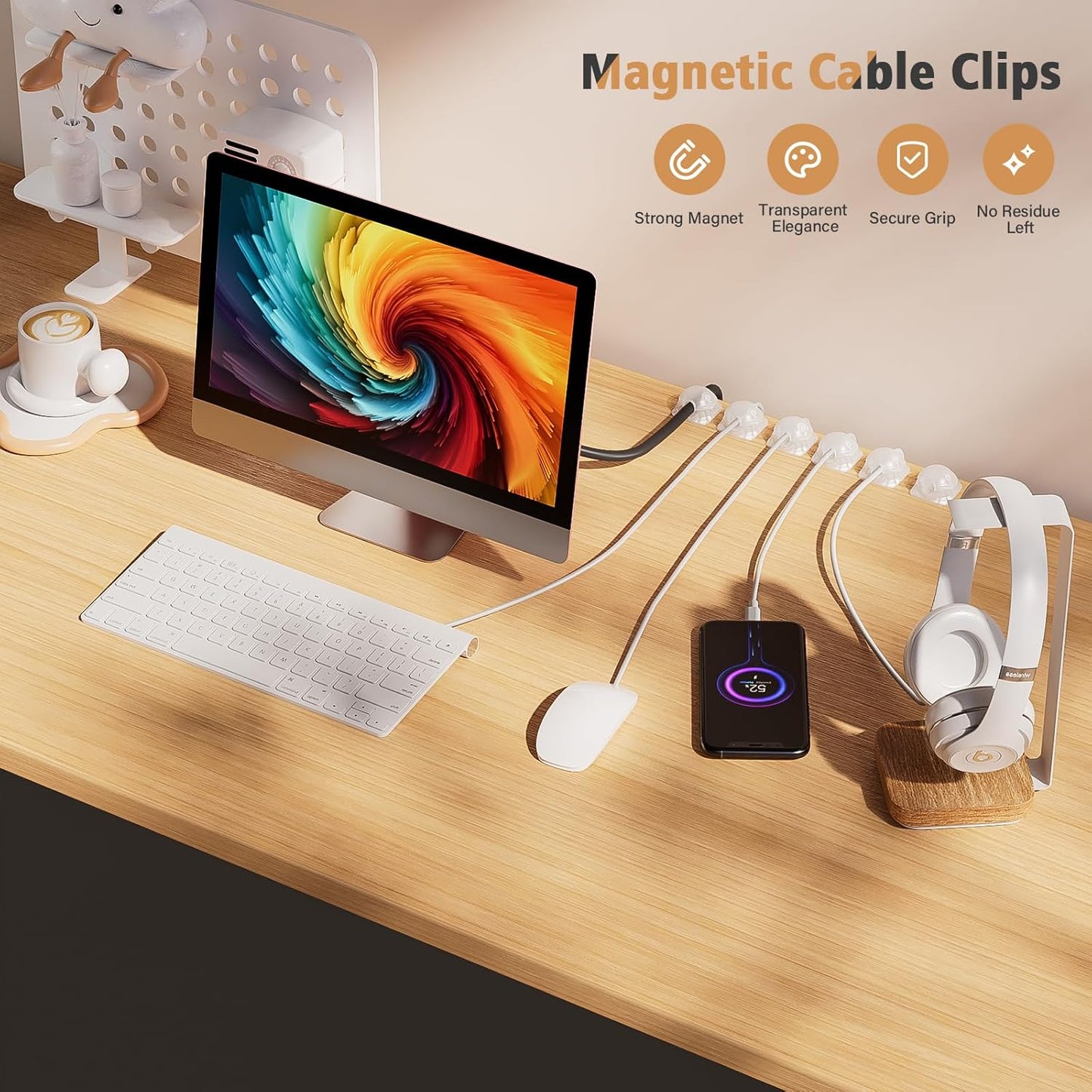 Cord Organizer Holder 6 Pack, [1-Handed-Operation] Magnetic Cable Clips, Phone Cord Clips Organizer with 2 Extra Reusable Strong Adhesive for Nightstand Car Workspace Office Accessories, Clear White