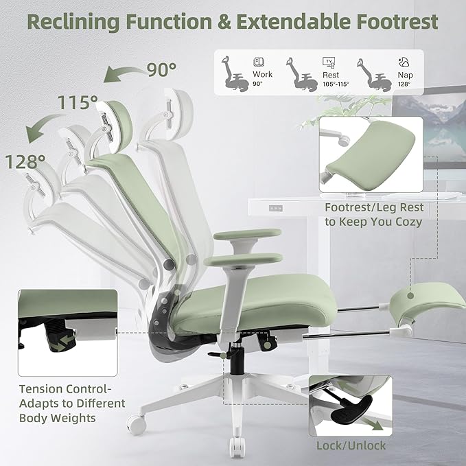 Foldable Office Chair with Foot Rest, Ergonomic Office Chair with Adjustable Lumbar Support, Headrest, Armrest, Home Office Desk Chair for Space Saving, Work from Home, Green
