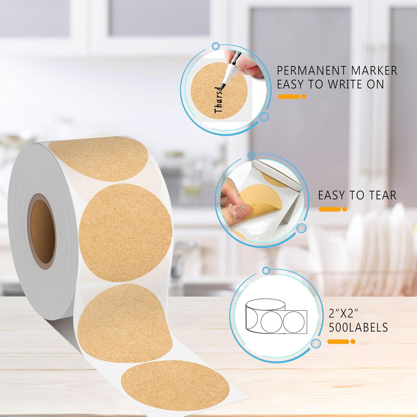 PARLAIM 2 inch Round Circle Dot Sticker on a Roll, 500pcs Kraft Paper Permanent Adhesive Label for Office School Business