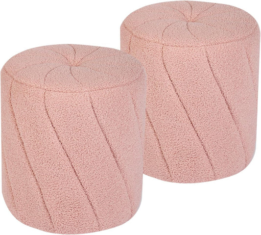 Modern Round Ottoman 2Pcs, Spiral-Tufted Foot Stool Ottoman, Teddy Fleece Upholstered Vanity Stool for Makeup, Bedroom, Living Room, Pink