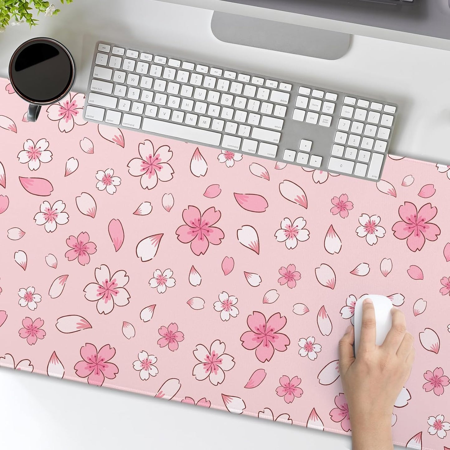 Pink Cherry Blossom Gaming Mouse Pad XL Cute Anime Aesthetics Floral Extended Kawaii Flowers Large Mousepad Non-Slip Rubber Base Stitched Edge Long Keyboard Desk Mat for Computer,31.5×11.8 Inch