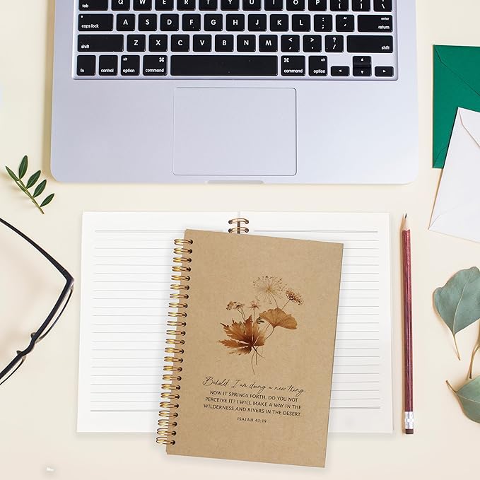 Behold I am Doing a New Thing Floral Christian Notebook Journal, Christian Gifts for Women, Bible Notebooks for Note Taking, Bible Journaling Notebook, Hardcover Spiral Notebook 5.5x8.3 kraft paper