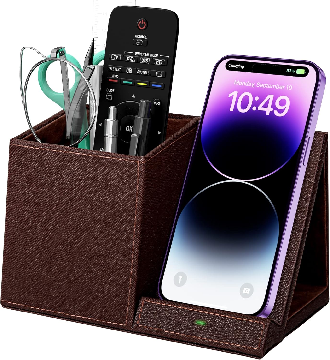 Desk Supplies Organizer, Multi-Functional Pencil Pen Holder with Wireless Charger, Desktop Stationery Organizer, Home Office Supply Storage Box Caddy (Brown)