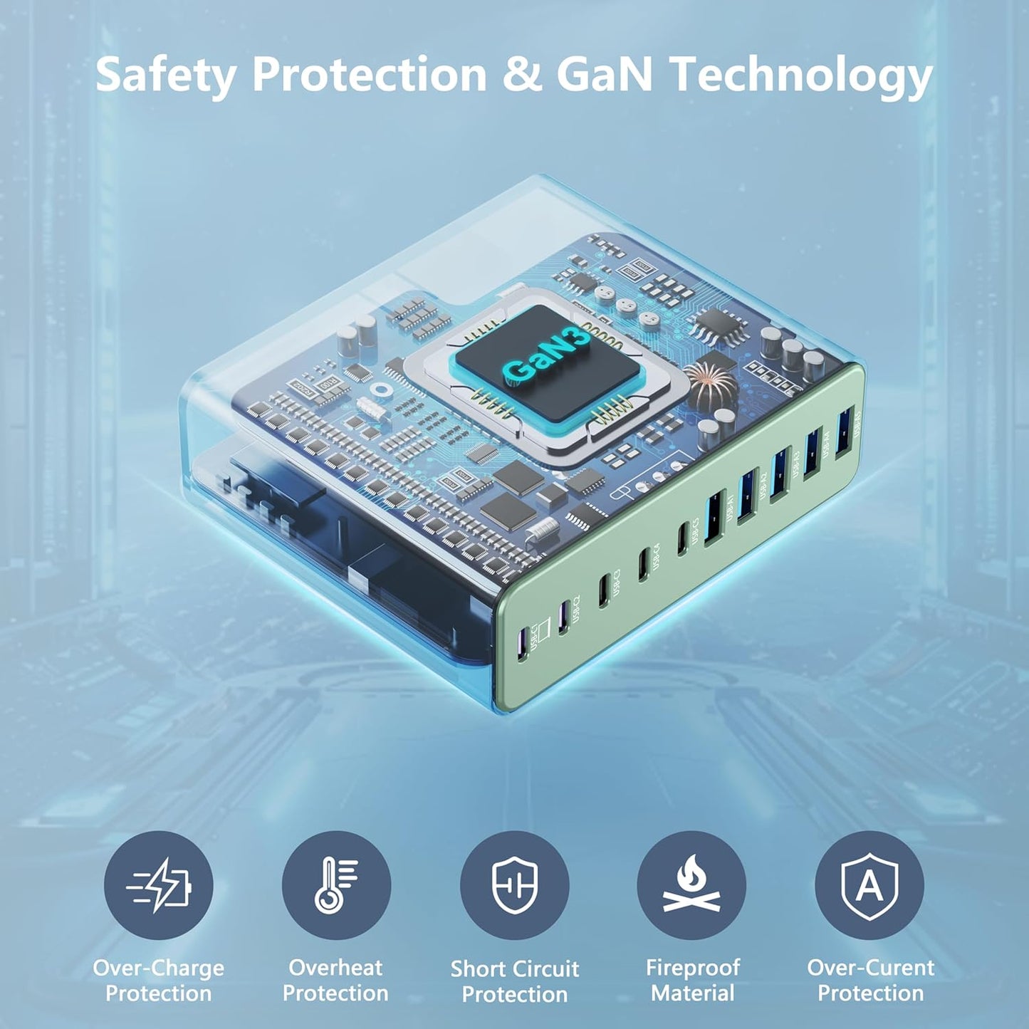 320W USB C Charger Block, 10-Port USB C Charging Station GaN III PD 65W PC Laptop Fast Charger Adapter for MacBook Pro/Air, DELL, iPad, iPhone, Samsung Galaxy (Green)