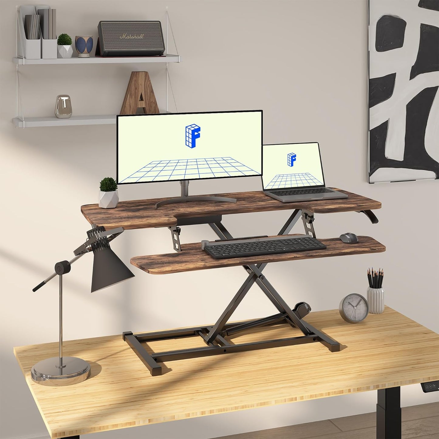 FLEXISPOT Height Adjustable Standing Desk Converter 42" Sit-to-Stand Desk Riser with Wide Keyboard Tray Workstation for Home and Office, Rustic Color (Rustic Brown, 42")