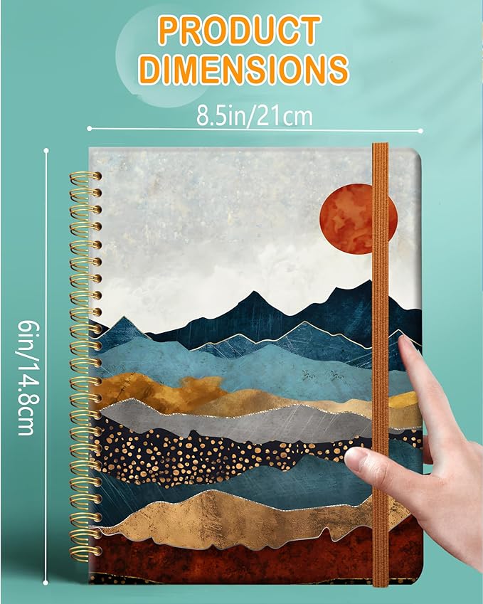 Ruled Spiral Writing Notebook,A5 Hardcover Lined College Journal for Women Lady,Fashion Puppy Watercolor Strong Twin-Wire Binding with Premium Paper,8.4" X 6",Perfect for School,Office,Home Gifts(Abstract Mountain Sun)
