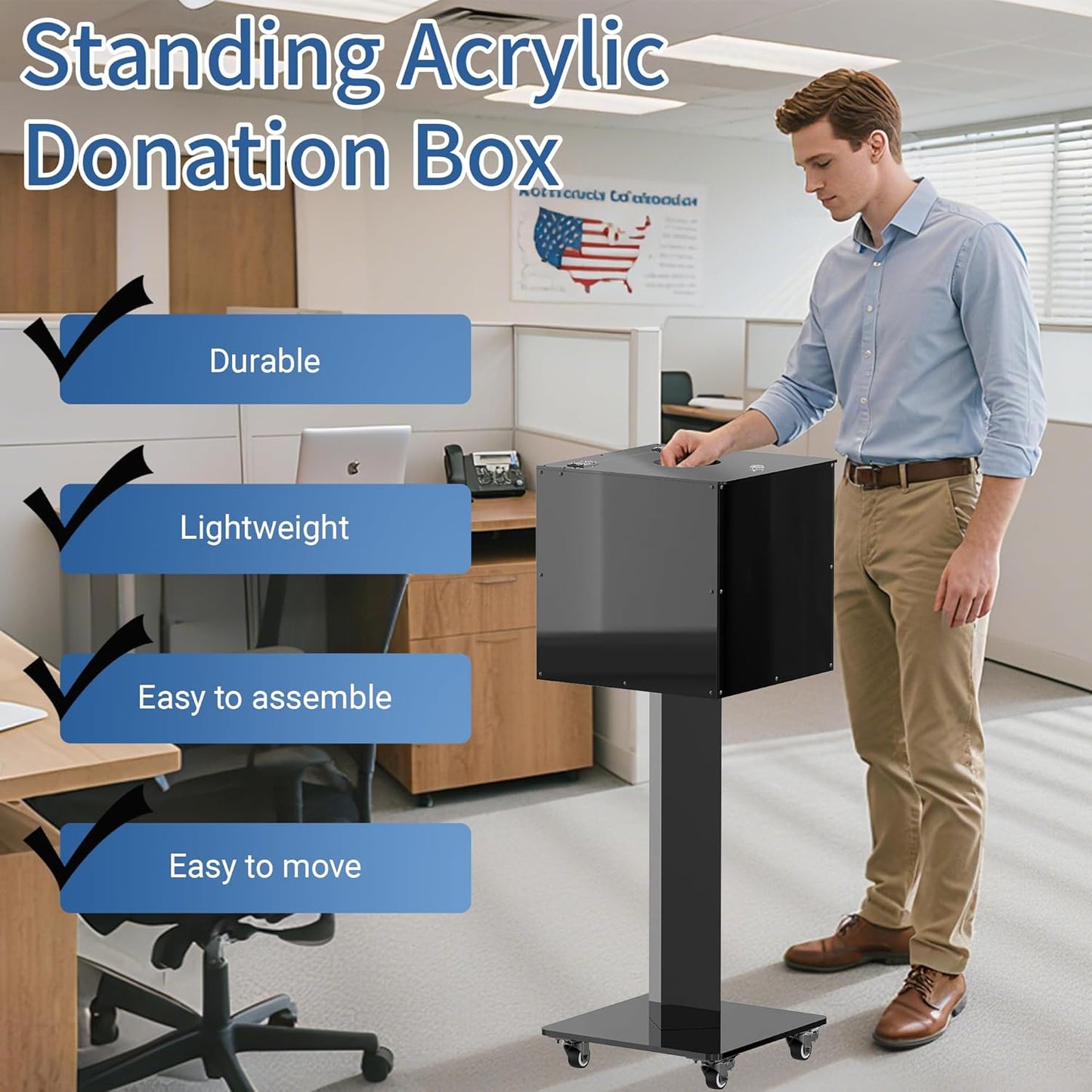 MOOFI Acrylic Suggestion Box with Lock and Key for Office, Home, Event Donation with Stand for Charity Church Collection Offering/Raffle Ballot Box with Sign Holder Display Stand (RaffleBox)