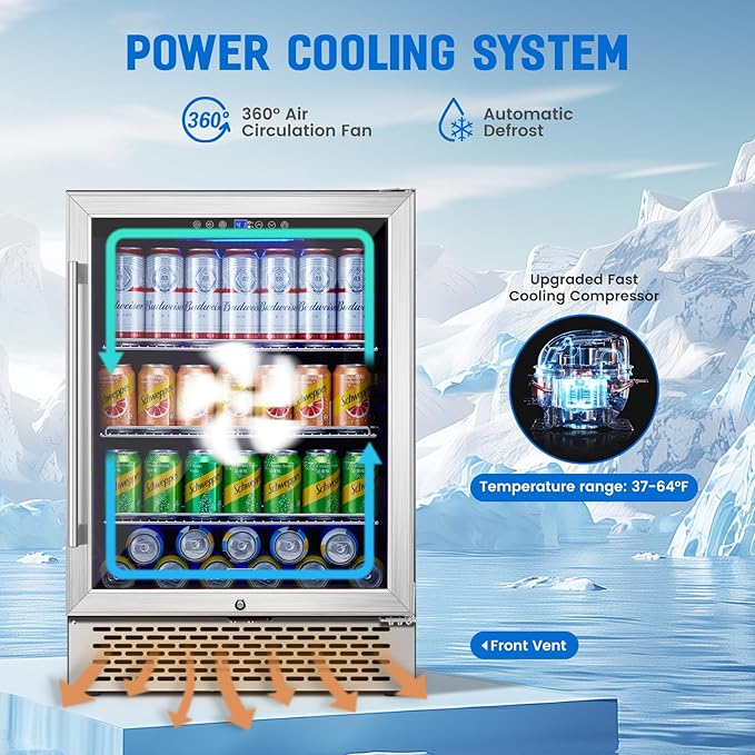 24 Inch Beverage Refrigerator Under Counter, 190 Cans Beverage Fridge Built-in/Freestanding with Double Tempered Glass, 37-64°F Low Noise Drink Fridge Perfect for Kitchen/Bar/Office(4.9 cu.ft)