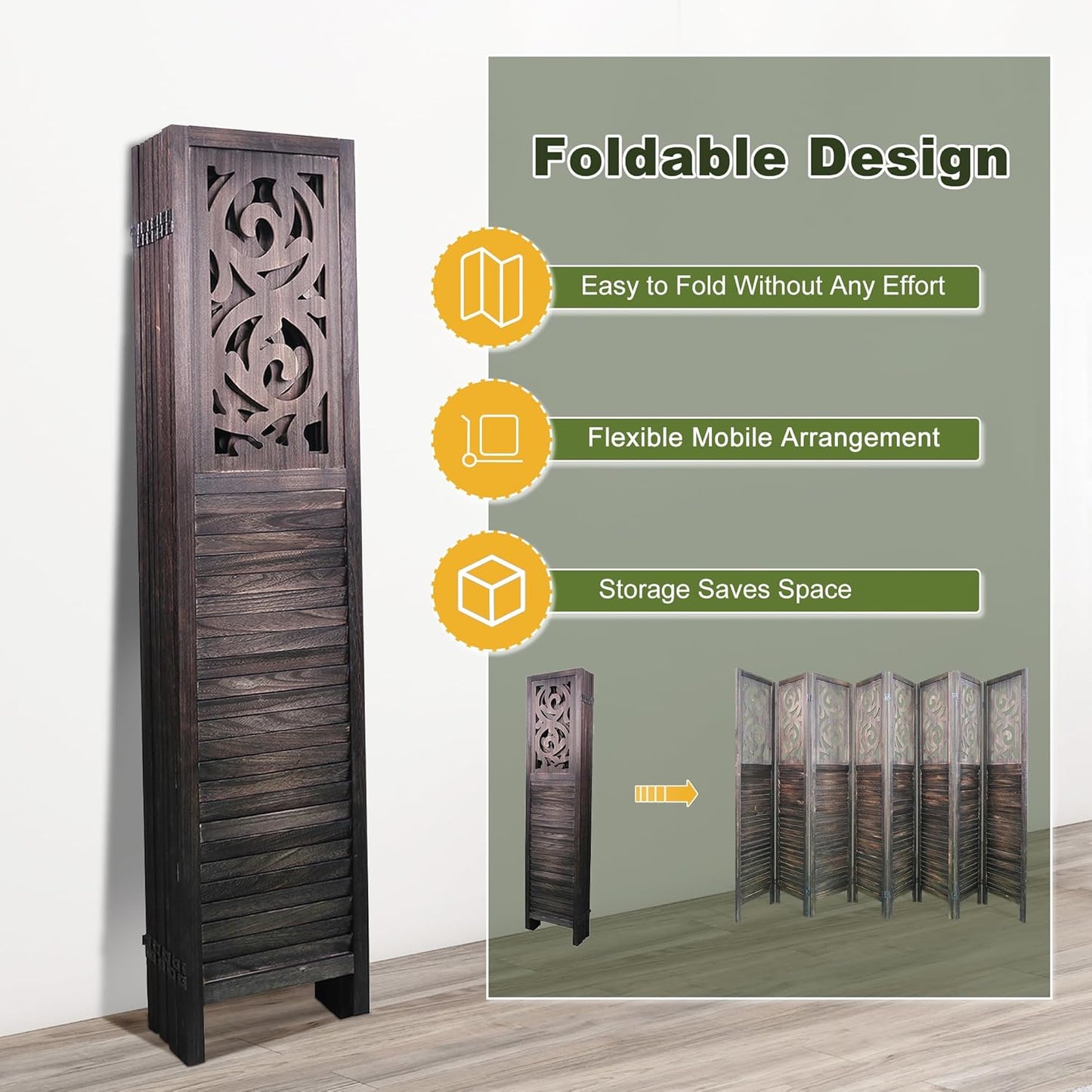 NicBex 8 Panel Room Divider 5.6FT Wood Carved Room Dividers, Folding Privacy Screens Portable Freestanding Partition Wall Dividers for Home Bedroom Office, Rustic Brown