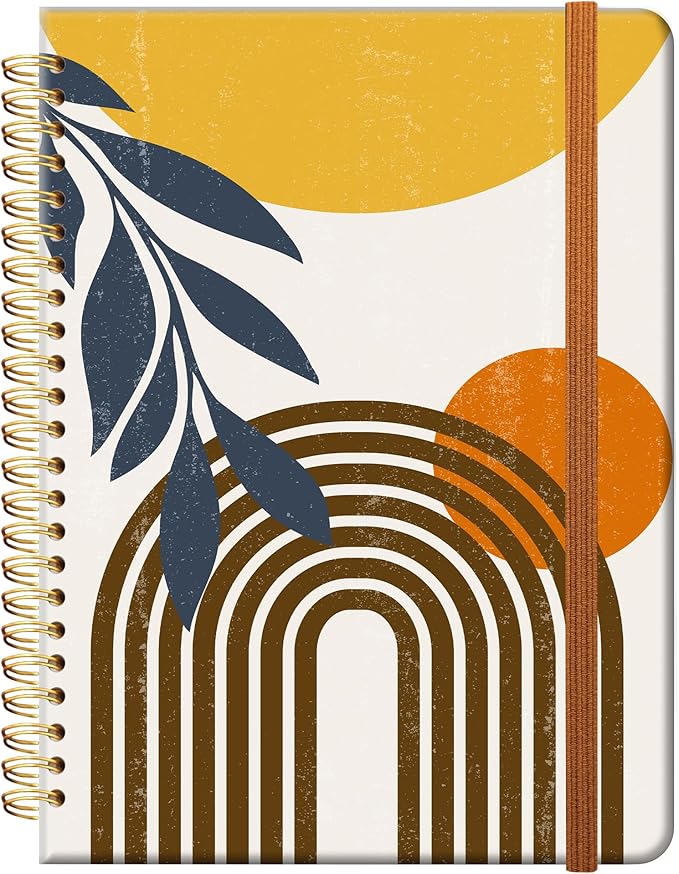 Ruled Spiral Writing Notebook,A5 Hardcover Lined College Journal for Women Lady,Fashion Puppy Watercolor Strong Twin-Wire Binding with Premium Paper,8.4" X 6",Perfect for School,Office,Home Gifts(Abstract Boho Sun Moon Leaves)
