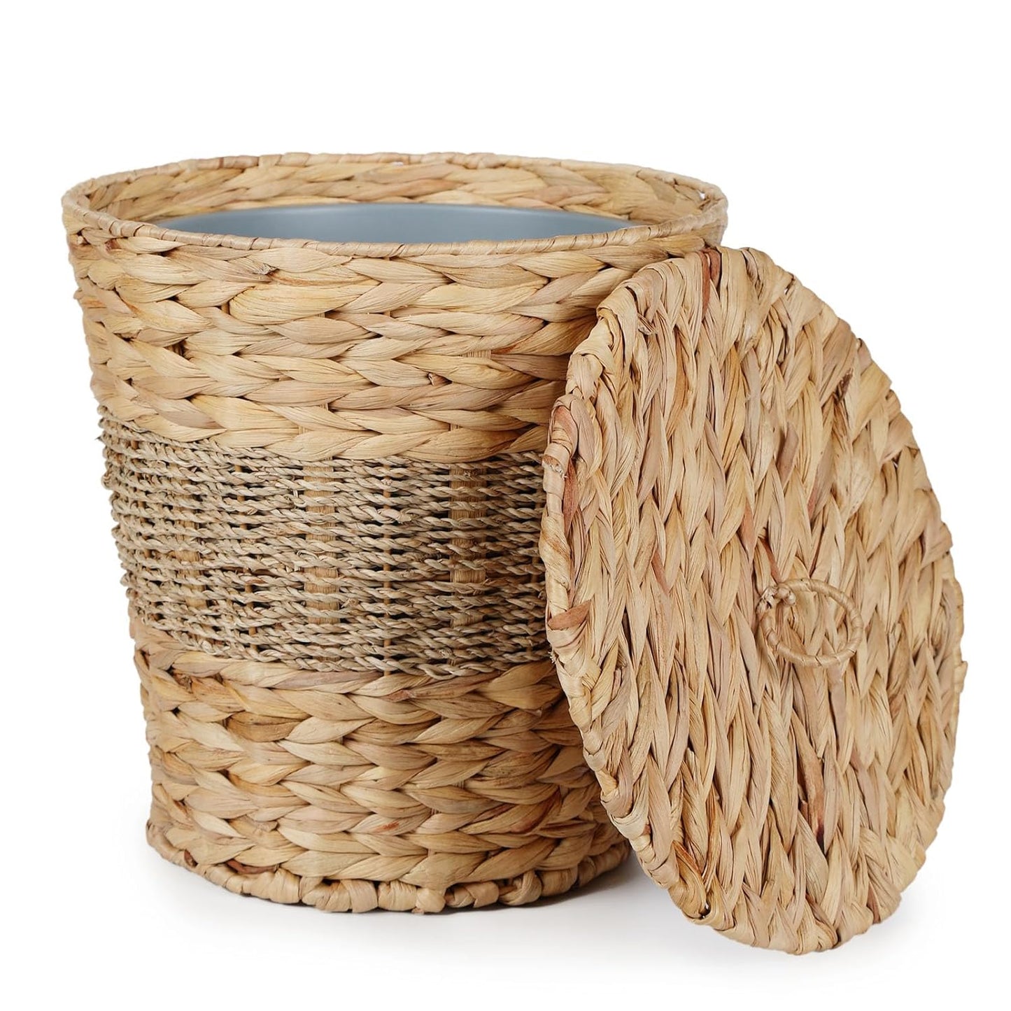 YANGQIHOME Wicker Trash Can with Lid - Water Hyacinth & Seagrass Garbage Can - Handwoven Wicker Waste Basket for Bathroom, Bedroom, Office, Living Room, Laundry Room - 3.8 Gallon