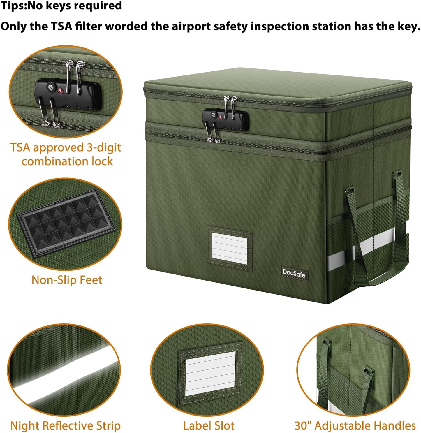 DocSafe File Box with Lock,Multi-Layer Fireproof Document Box Collapsible File Storage Organizer with Pockets/Handle,Portable Home Office Filing Cabinet for Hanging Letter/Legal Size Folders,Green