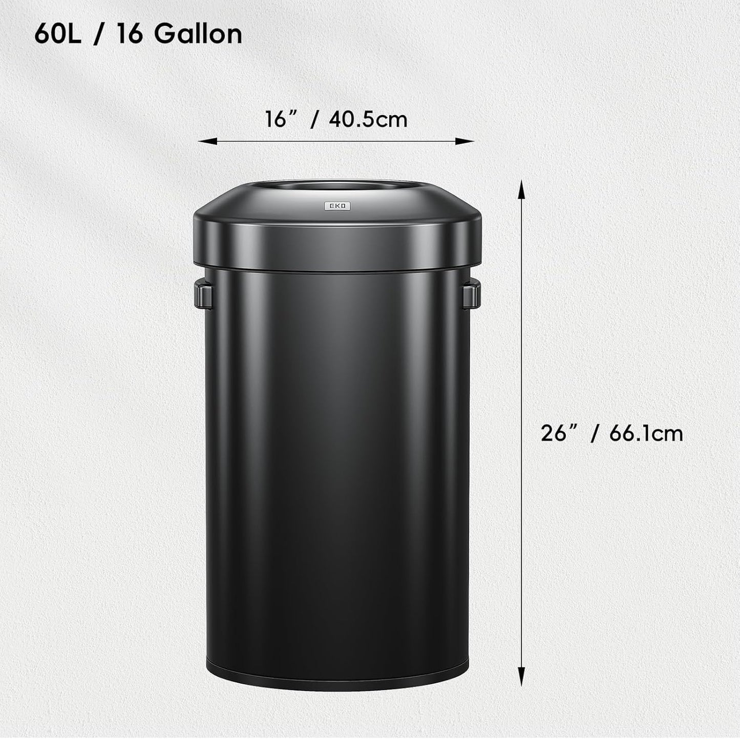 EKO 16-Gallon Round Black Stainless Steel Open Top Trash Can, Large Commercial Waste Bin with Detachable Lid and Carrying Handle, Brushed Metal Garbage Bin for Home, Office, Restaurant, Restroom