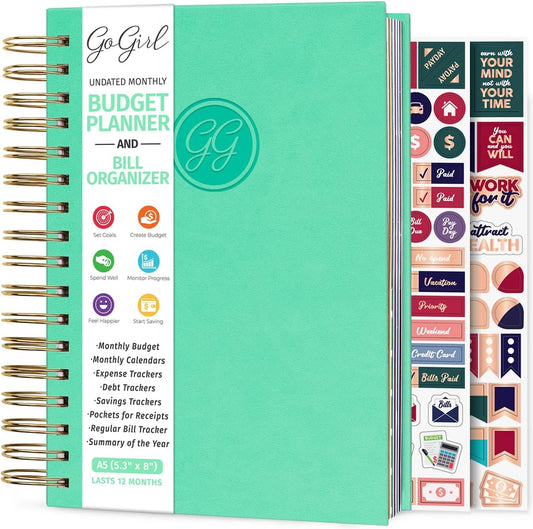 GoGirl Budget Planner & Monthly Bill Organizer – Monthly Financial Book with Pockets. Expense Tracker Notebook Journal, Compact (Mint Green)