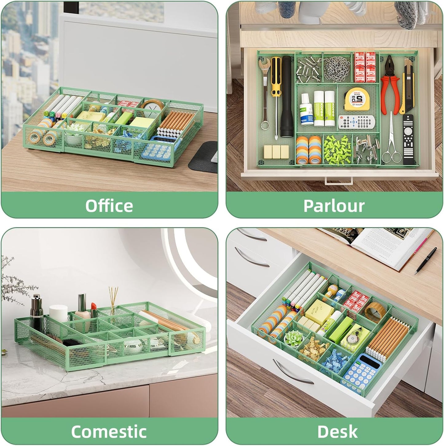 Marbrasse Expandable Desk Drawer Organizer, Mesh Drawer Organizer Tray with 10 Adjustable Compartments, Desk Organizers and Accessories for Office Supplies, Makeup & Vanity (Expandable-Green)