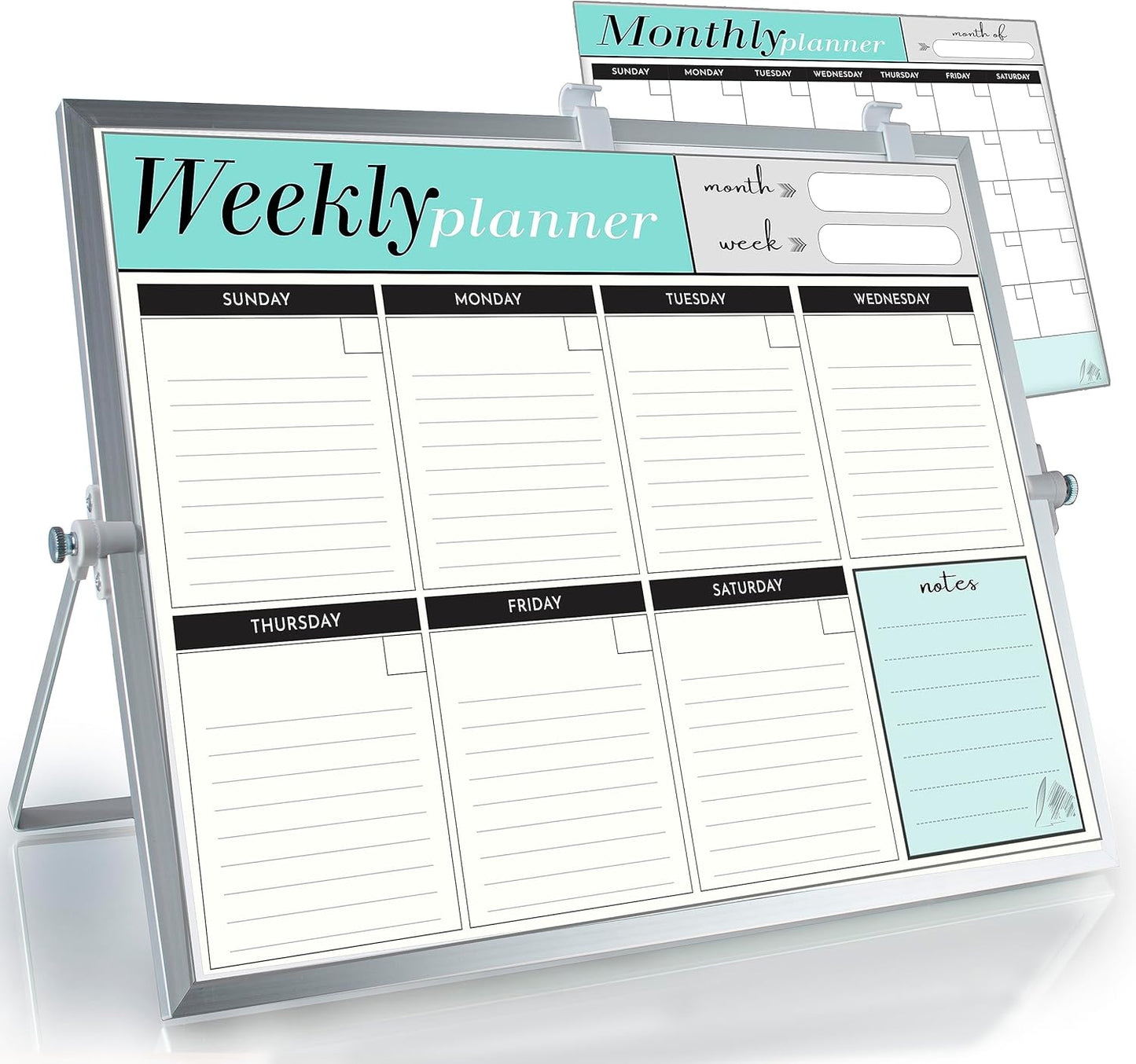 Dry Erase White Board for Desktop & Wall 12"x16" with 2 Magnetic Removable Planners - Weekly & Monthly to Do List Board with Stand, 6 Markers Eraser & Wall Hangers - Portable Double Sided Magnetic