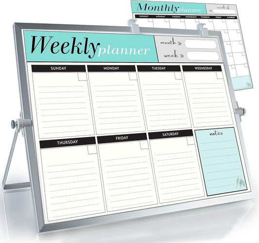 Dry Erase White Board for Desktop & Wall 12"x16" with 2 Magnetic Removable Planners - Weekly & Monthly to Do List Board with Stand, 6 Markers Eraser & Wall Hangers - Portable Double Sided Magnetic